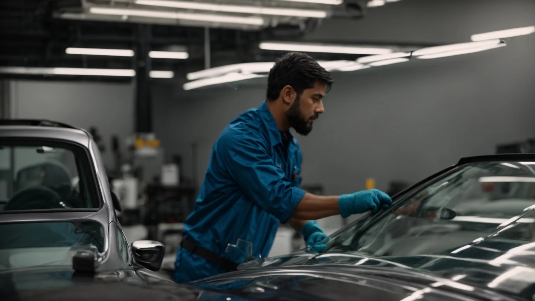 a professional technician carefully installs a clear, durable windshield into a car at an auto glass service center.