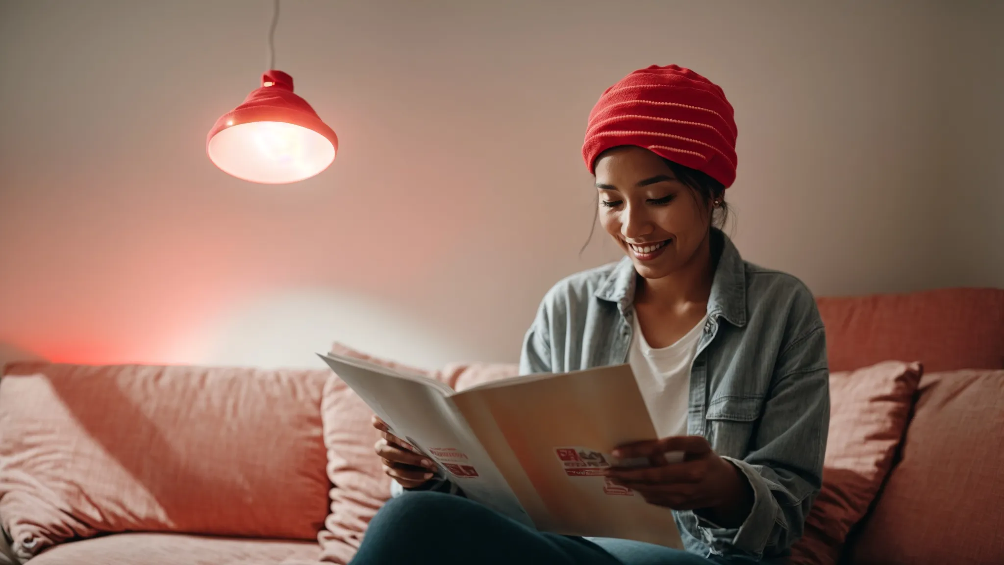 a joyful person wearing a glowing red light therapy cap while sitting comfortably in their living room, reading a booklet of instructions.