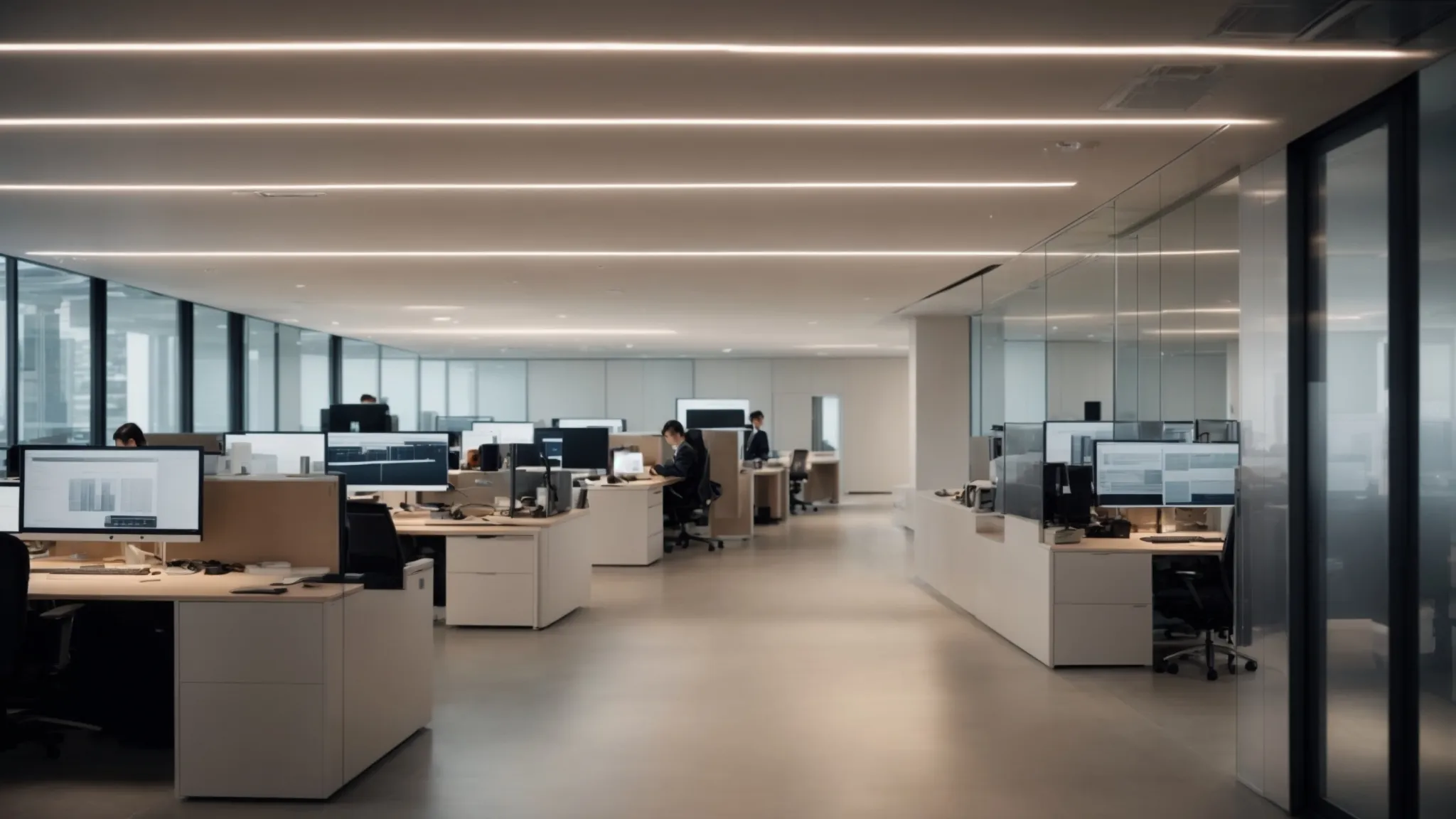 a sleek, modern office space illuminated by the soft glow of computer screens, where individuals engage with advanced software interfaces.