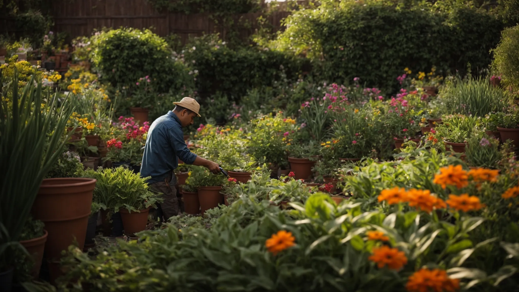 a gardener meticulously tends to a variety of plants, each with different care needs, in a vibrant, sunlit garden.