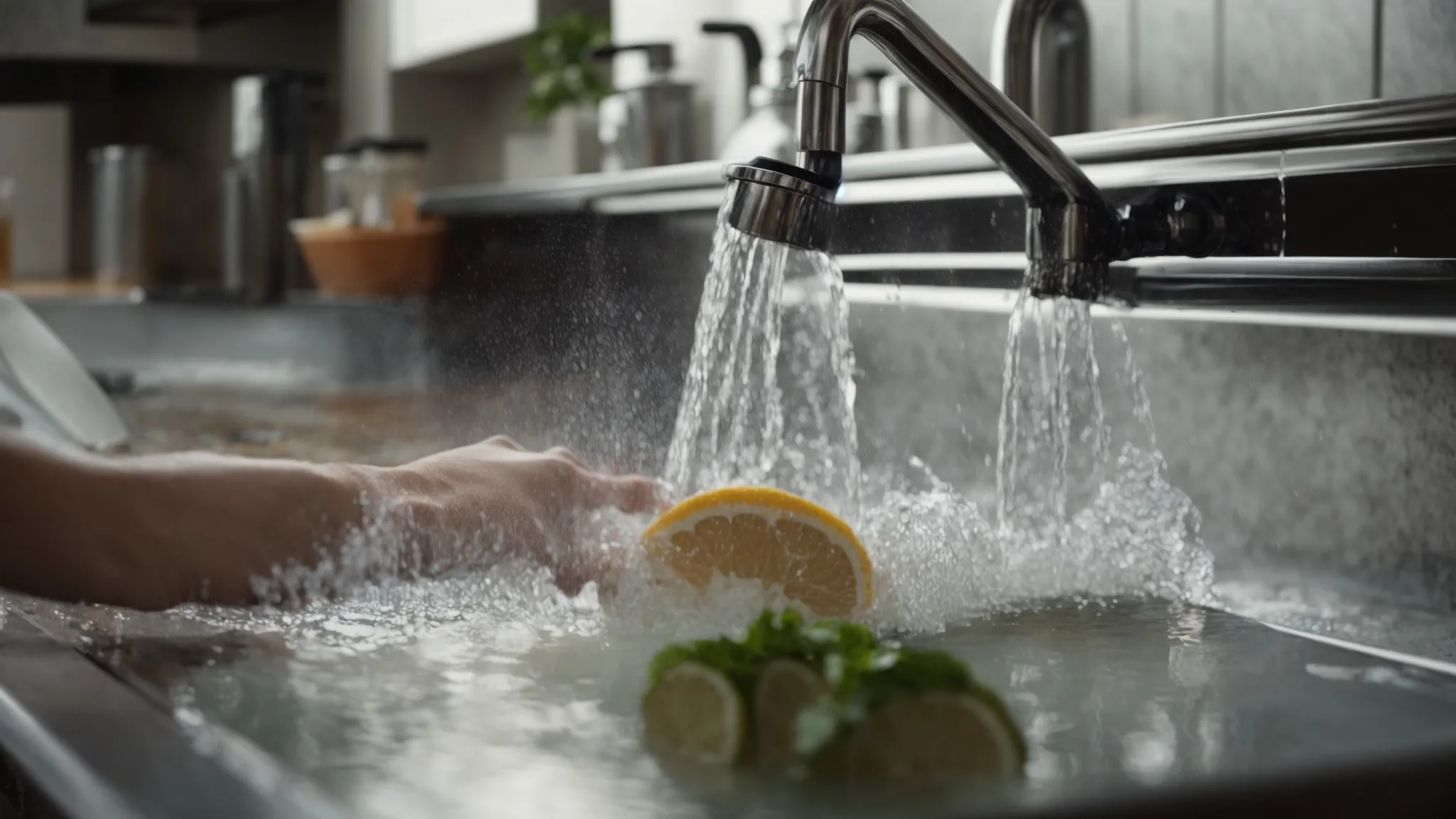 a person meticulously cleaning a greasy kitchen hood filter under running water in a sink, highlighting the essence of kitchen maintenance.