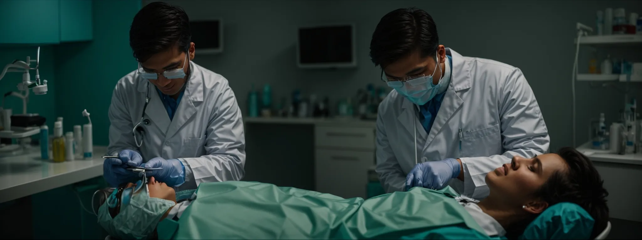 a dentist, in a white coat, leans over a patient in a dental chair, preparing an anesthesia syringe.