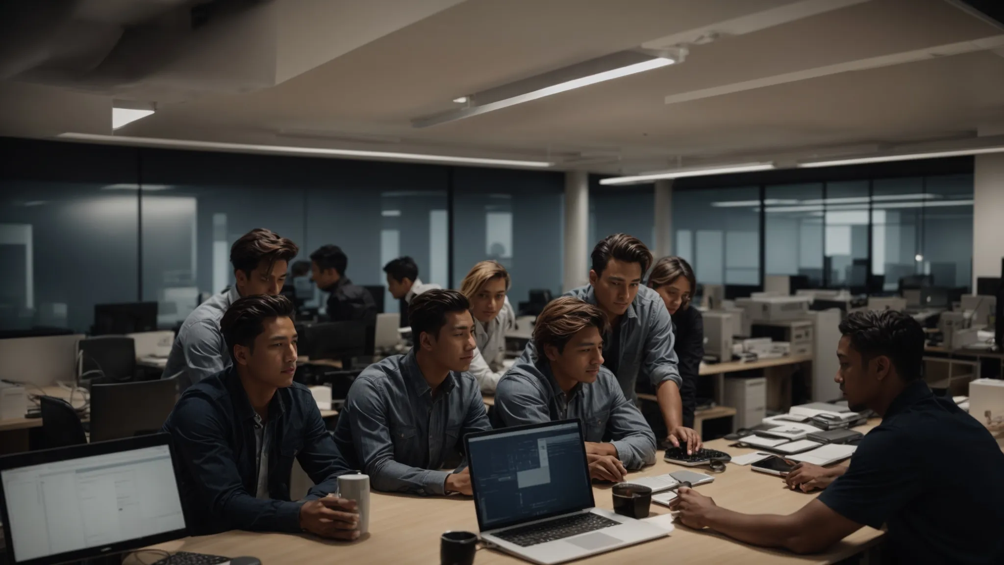 a team gathers around a computer in a modern office, brainstorming a website layout.