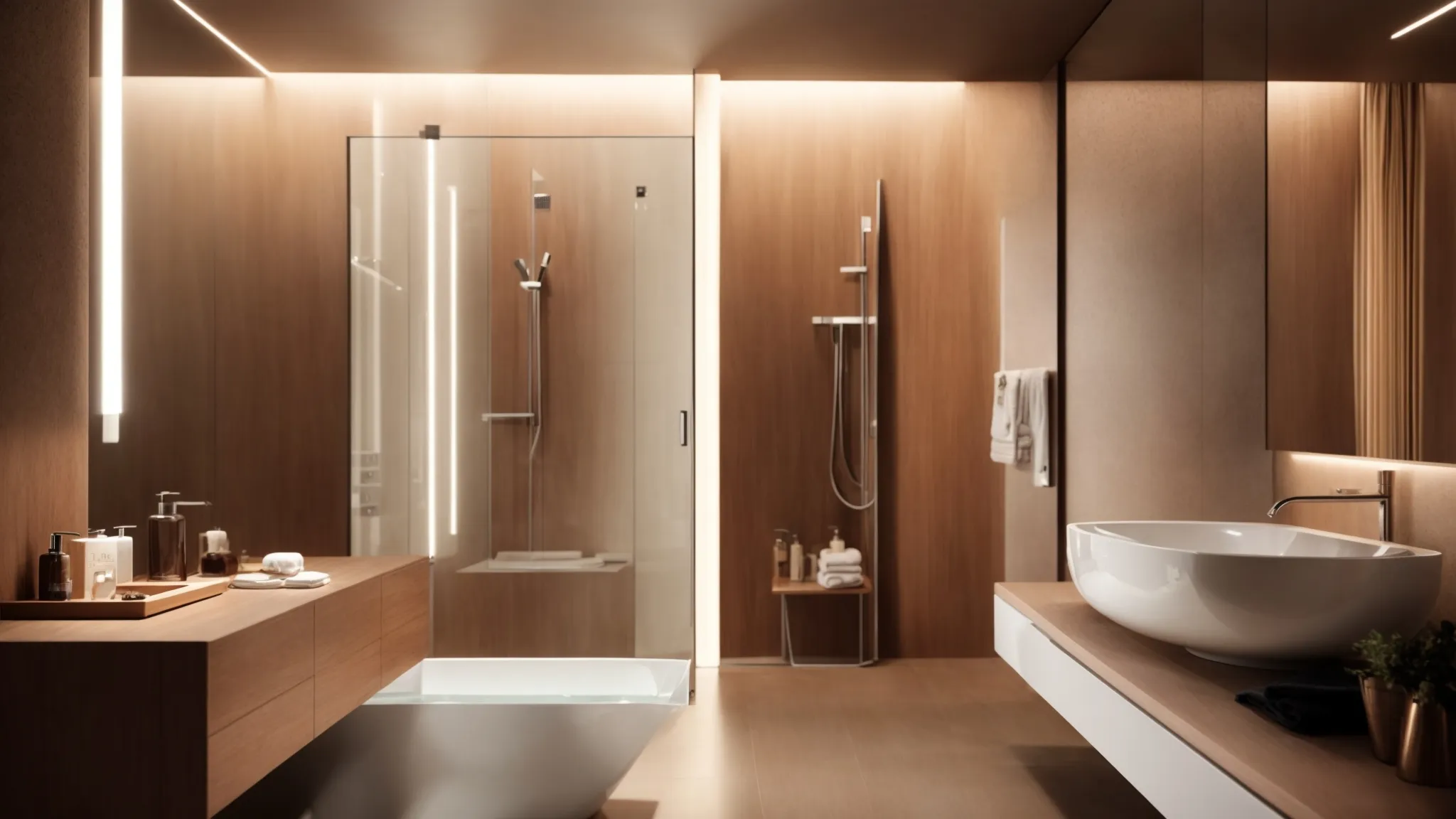 a modern, spacious bathroom featuring a sleek digital shower panel and ambient lighting glowing softly around a mirror.