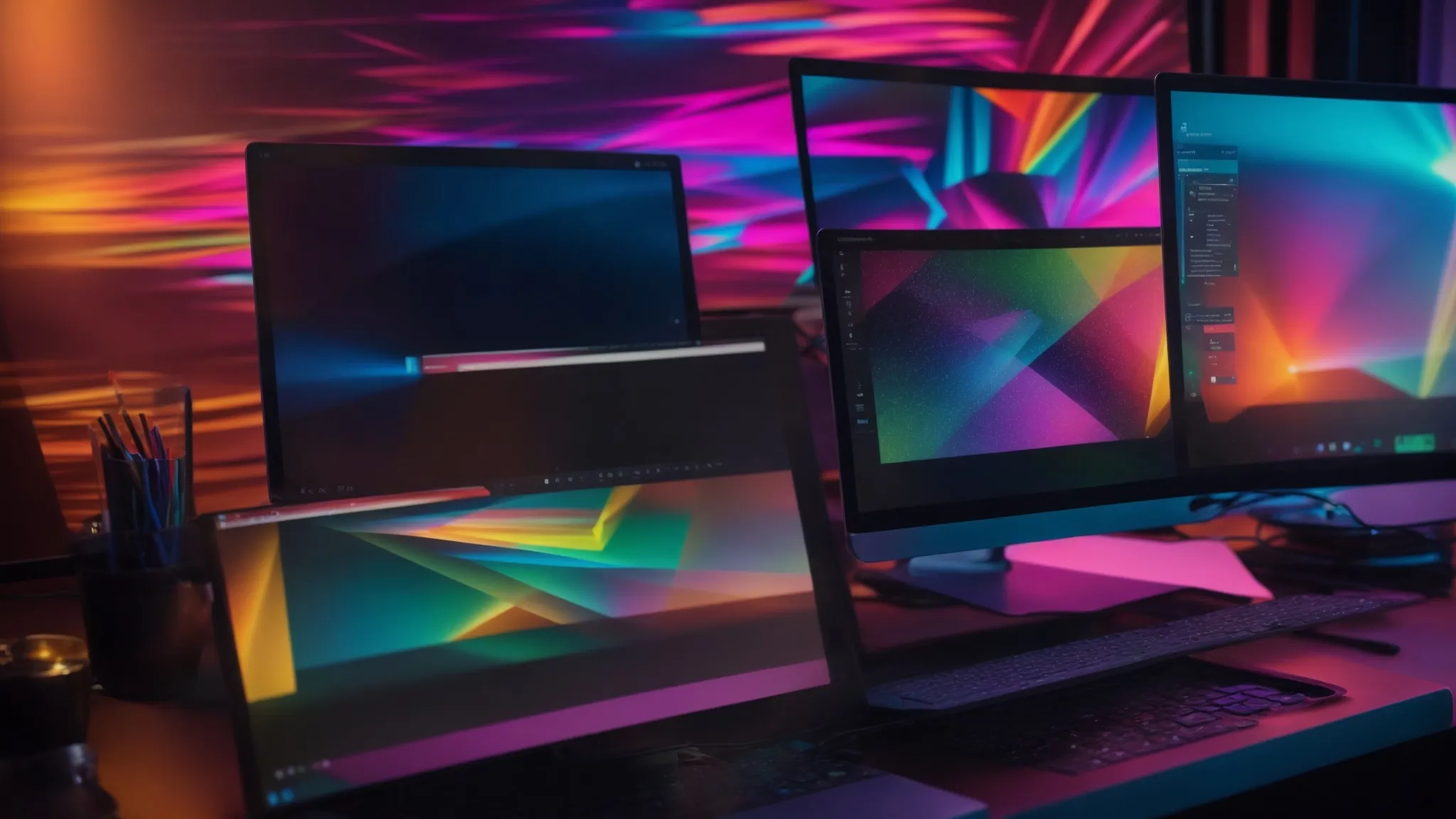 a desktop with a bright, colorful canvas on a digital drawing tablet, softly illuminated by the glow of a nearby laptop displaying a vibrant online marketplace.