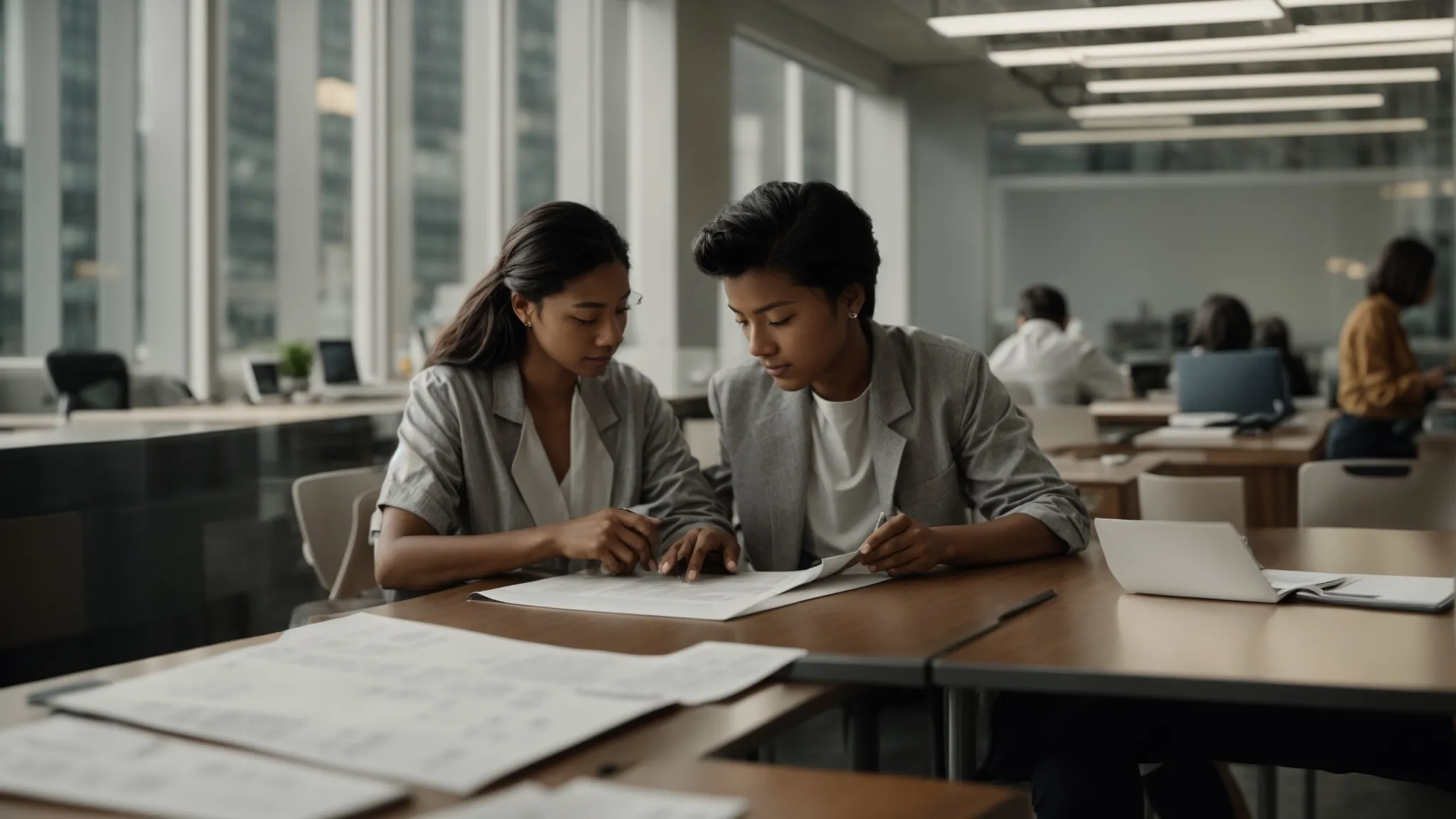 two individuals sit across from each other at a table, examining a large, open document together in a well-lit office space.