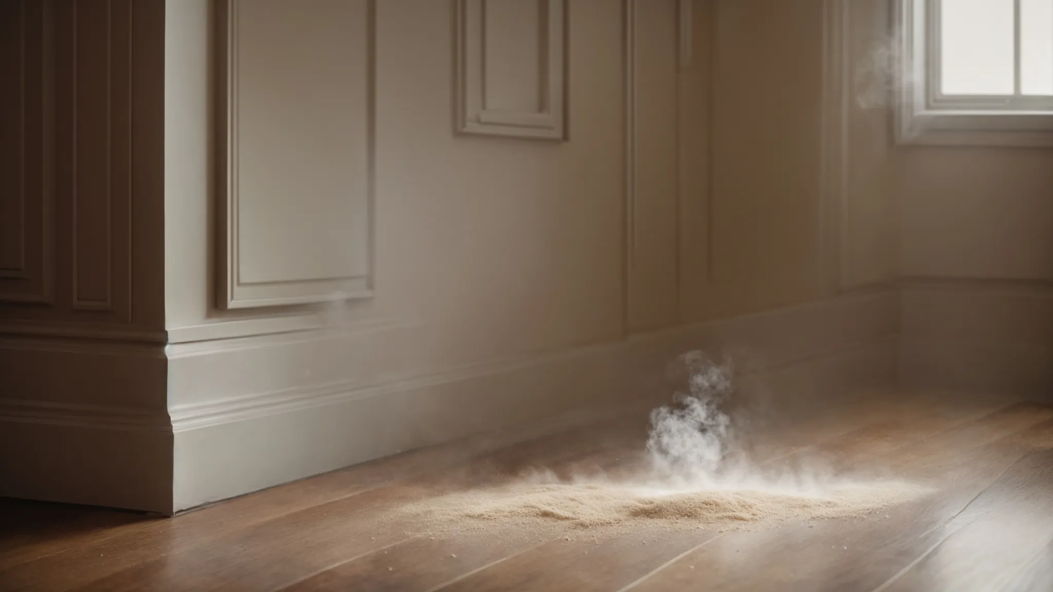 a room showing visible dust particles in the air with an hvac vent prominently visible on the wall.