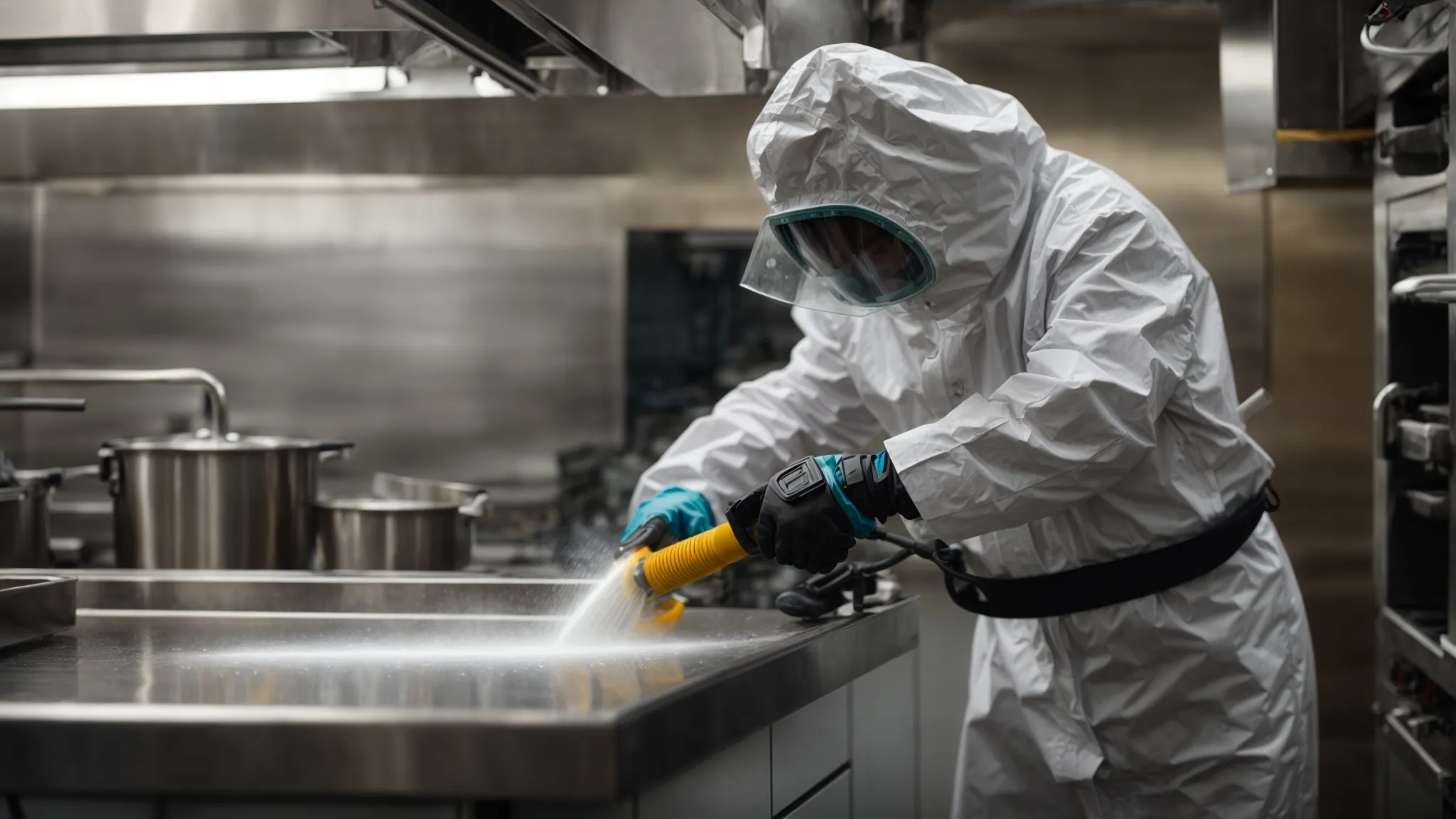 a professional in protective gear uses a high-pressure washer to clean the interior of a commercial kitchen hood.