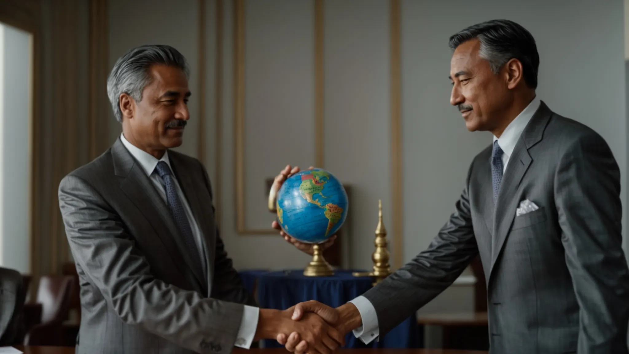 two government officials shake hands over a table with a globe in the background, symbolizing international cooperation and agreement.