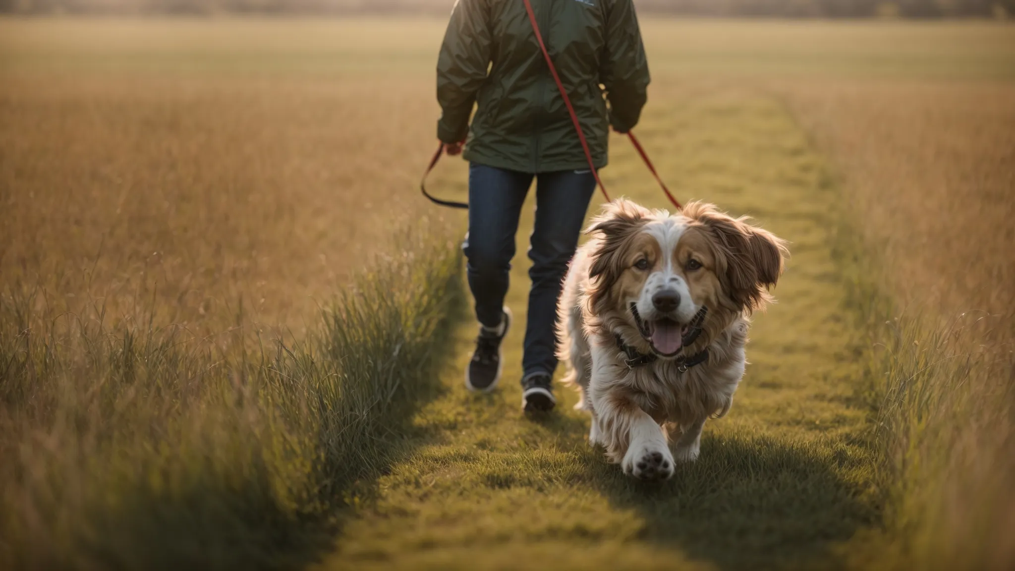 a dog trainer skillfully guides a dog through an agility course in a spacious field.