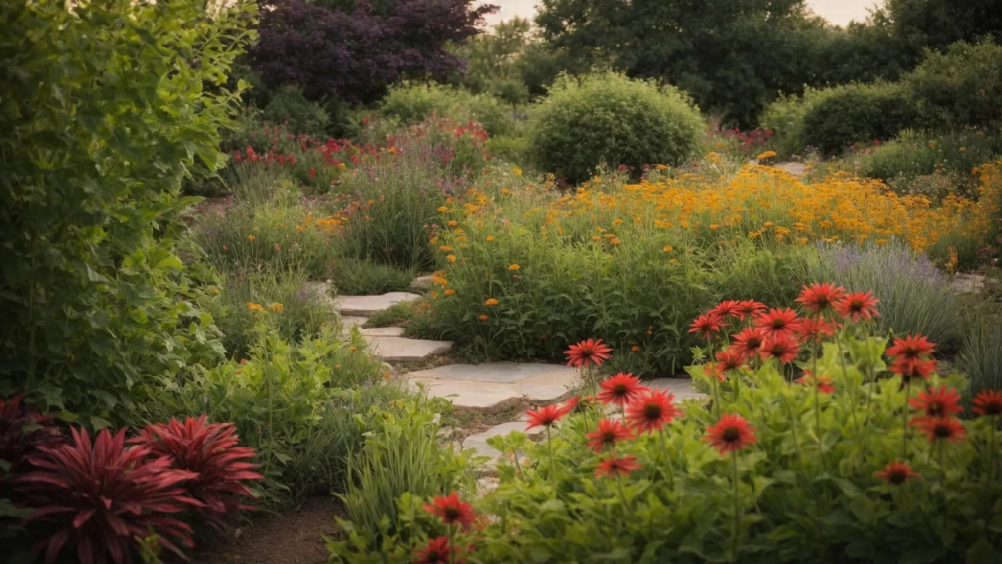 Create an image showcasing a vibrant, lush garden in Pennsylvania filled with drought-tolerant plants. Include colorful coneflowers, hardy sedums, and ornamental grasses, all thriving in the arid landscape.