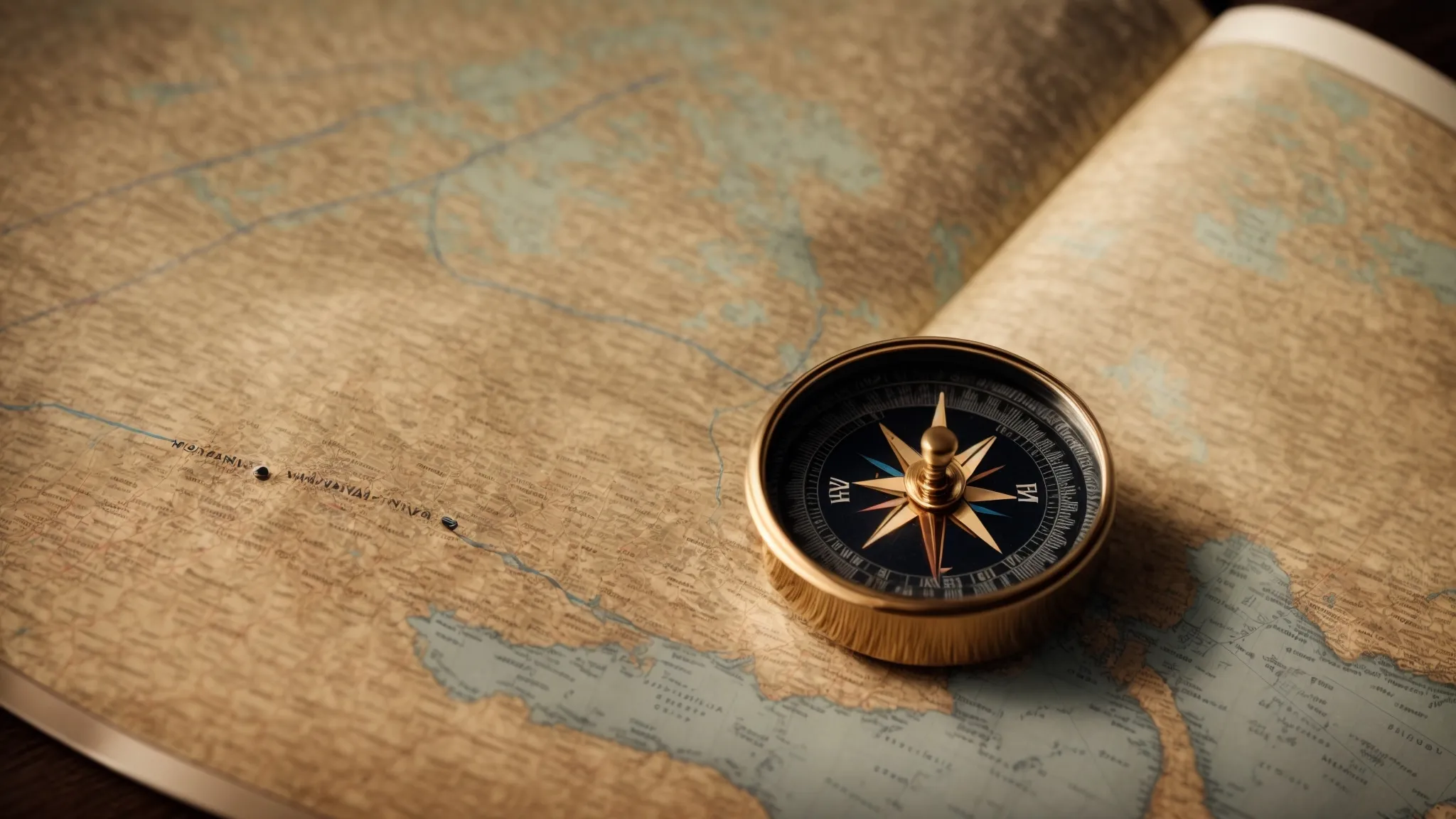 a compass lying on an open map, symbolizing the journey of navigation and discovery in seo strategy for smes.
