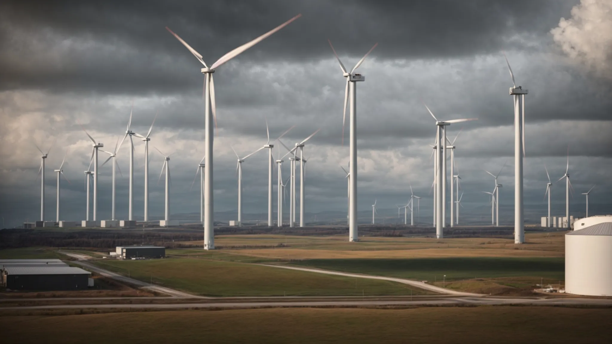 a looming wind farm towers over a high-tech industrial facility, embodying the blend of automation technology with renewable energy sources.