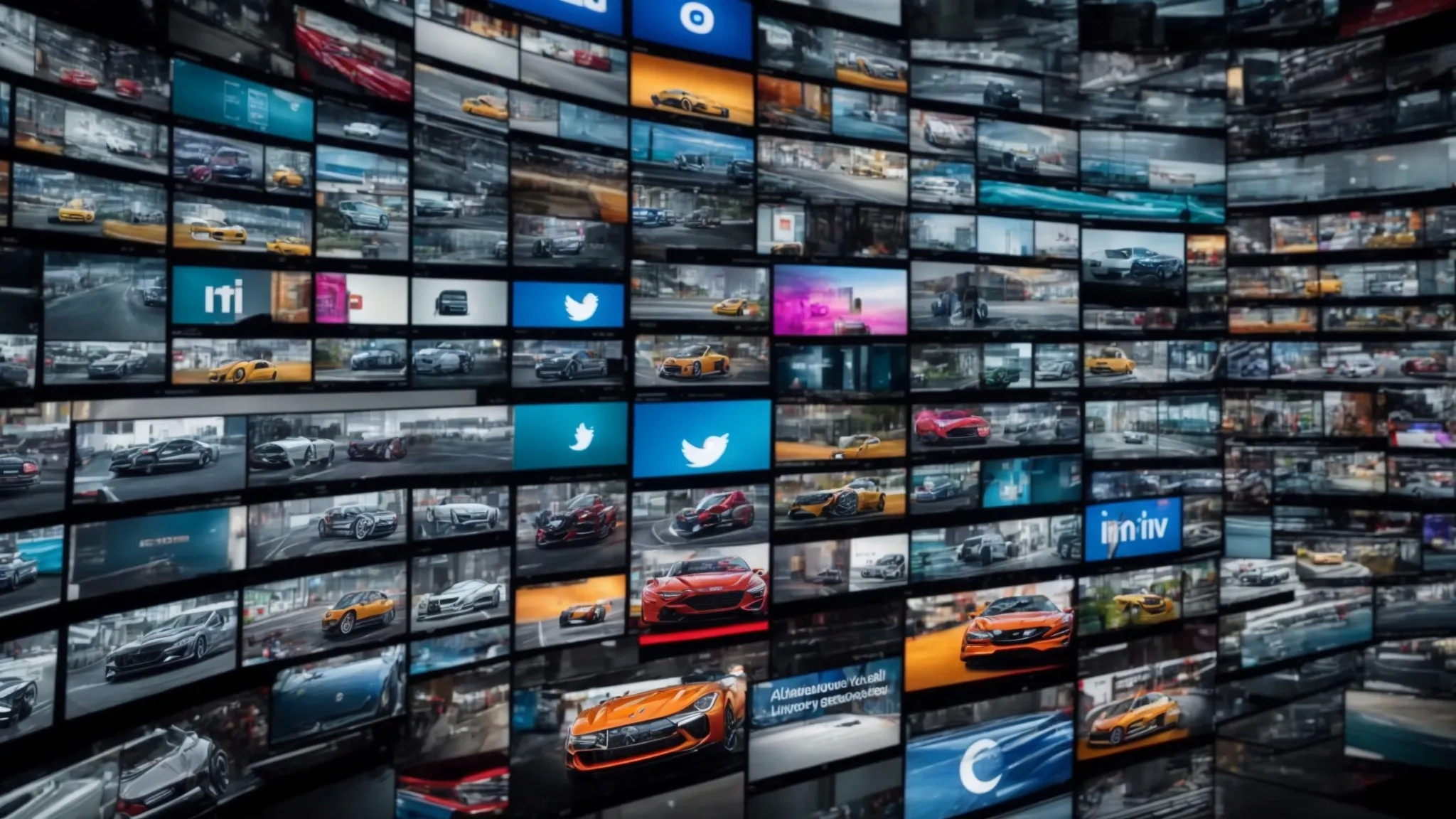 a dazzling array of screens displaying various social media platforms, buzzing with vibrant, engaging automotive content.