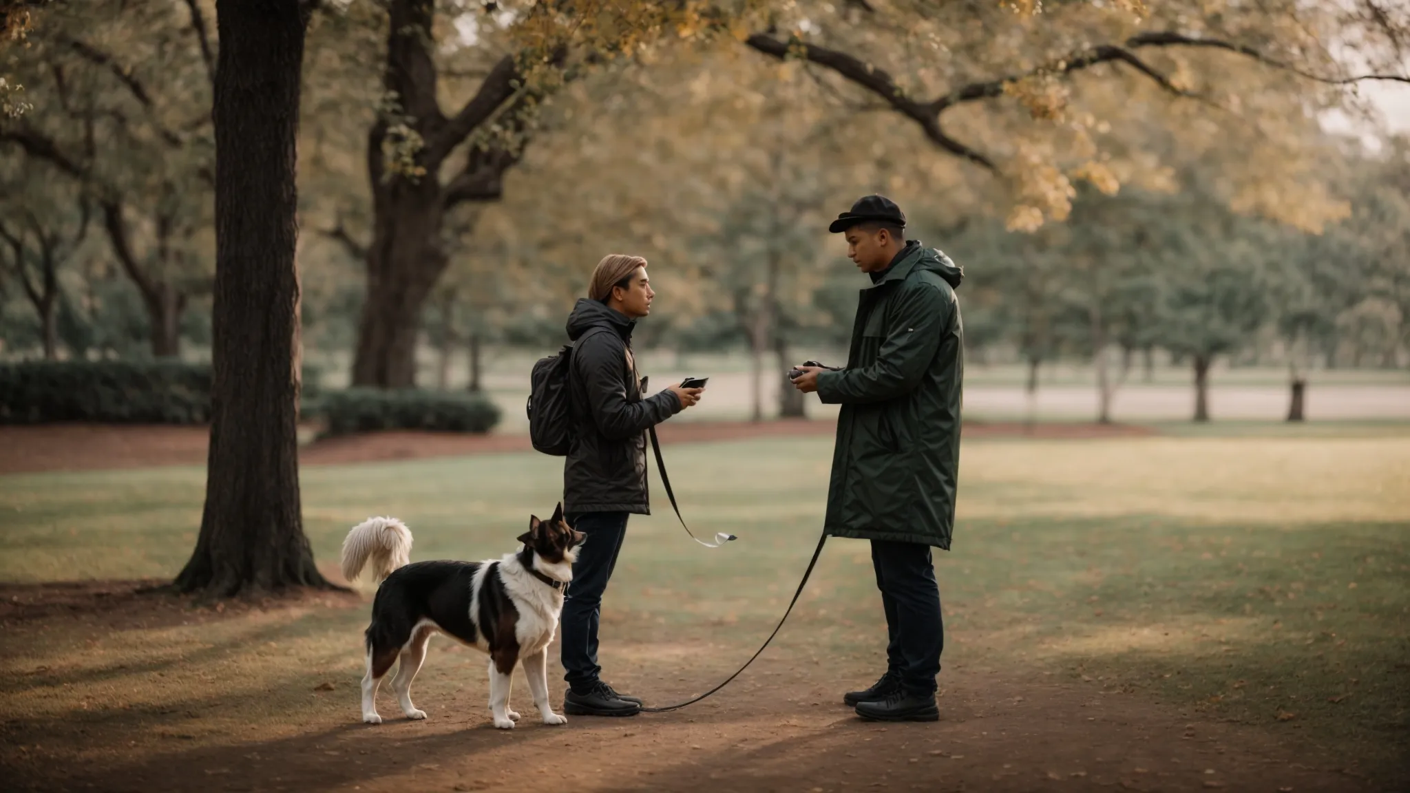 a professional trainer stands in a park, demonstrating commands to an attentive dog using a long leash.