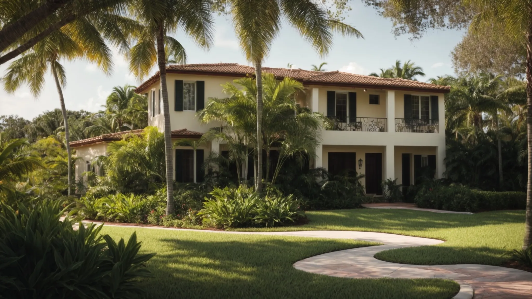 a well-maintained home facade gleaming under the florida sun, surrounded by lush greenery.