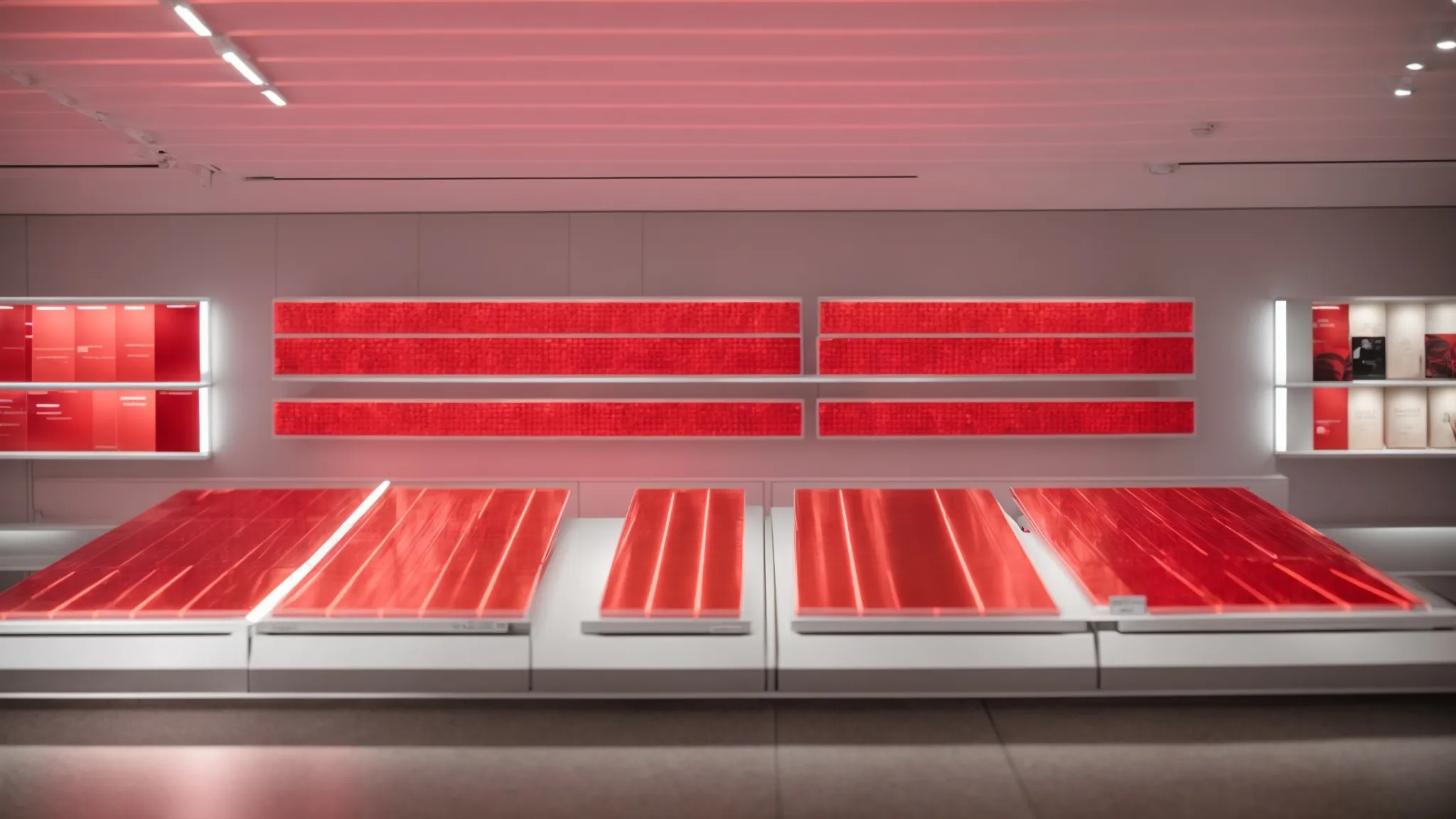 an array of red light therapy panels on display in a brightly lit, modern australian store.
