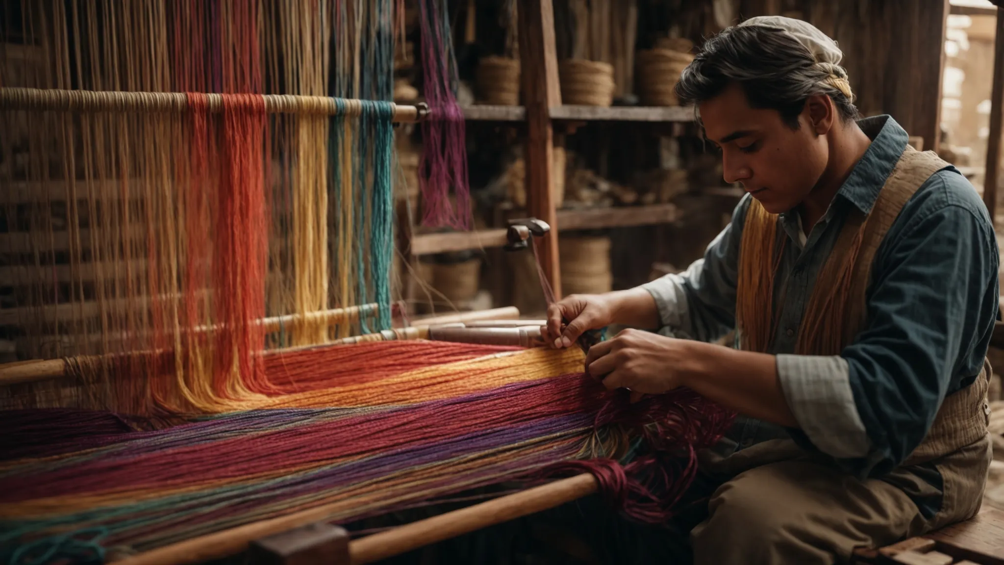 a craftsman weaving a colorful tapestry on an old wooden loom, surrounded by rolls of vibrant threads.