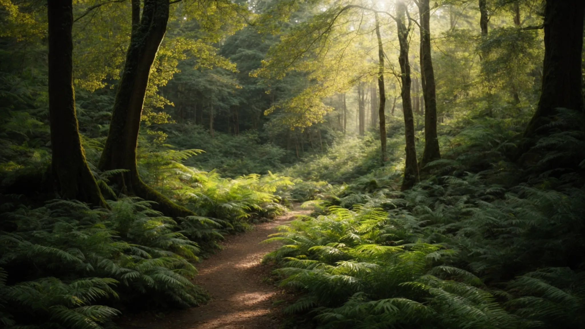 a dense forest with intertwining paths leading to a secluded glade bathed in sunlight.