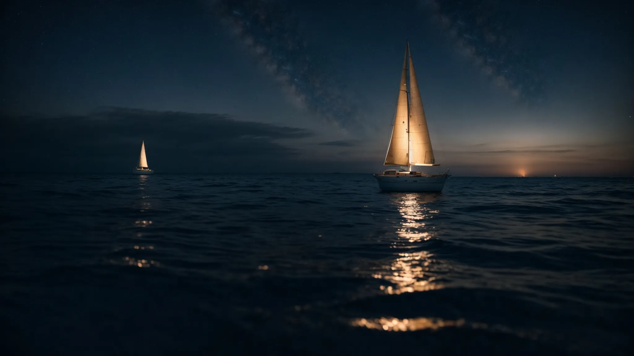 a sailboat navigating through the open sea under a starry sky, guided by a distant lighthouse.