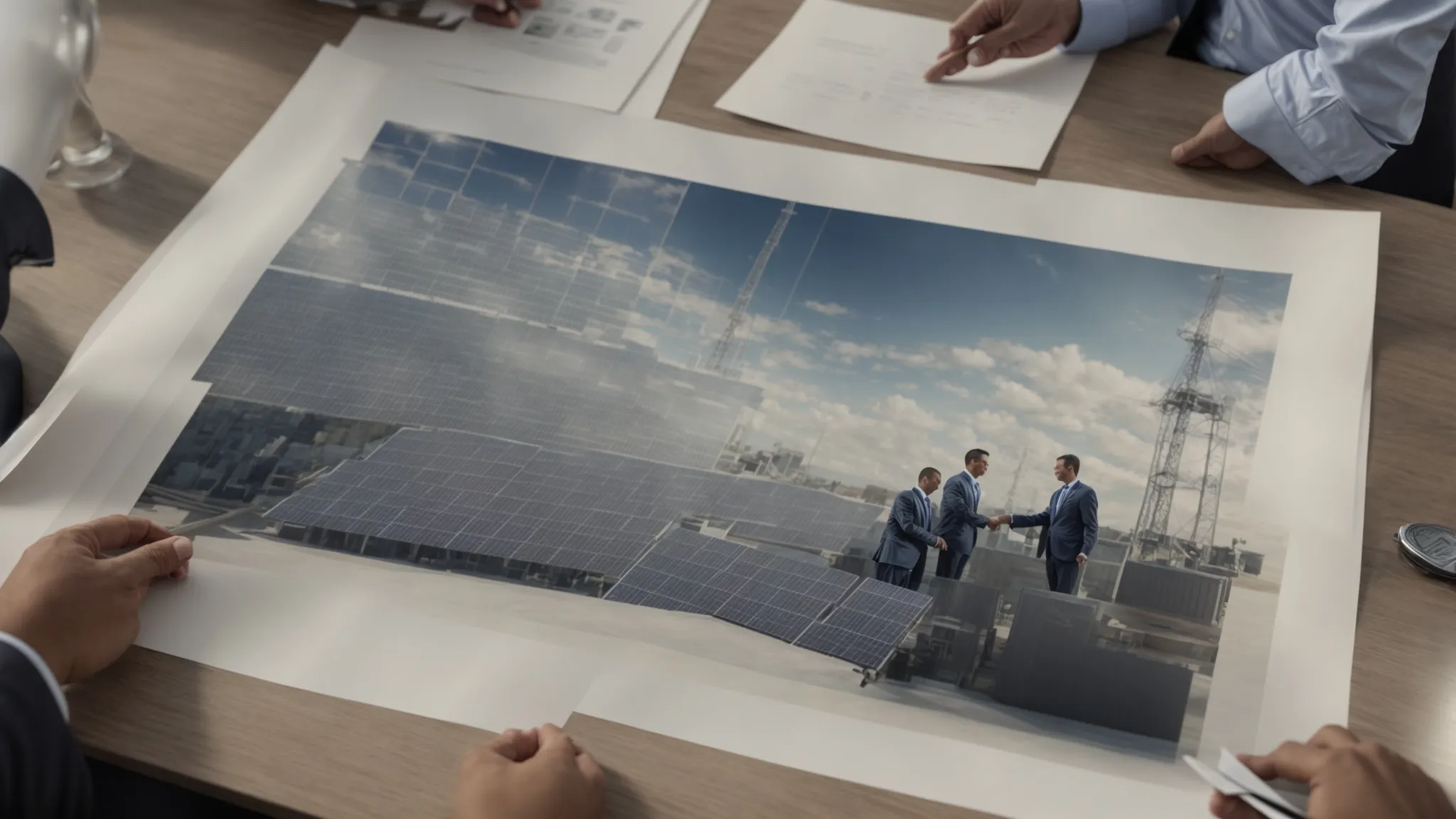 officials from the private sector and government shake hands over a blueprint of a renewable energy project.