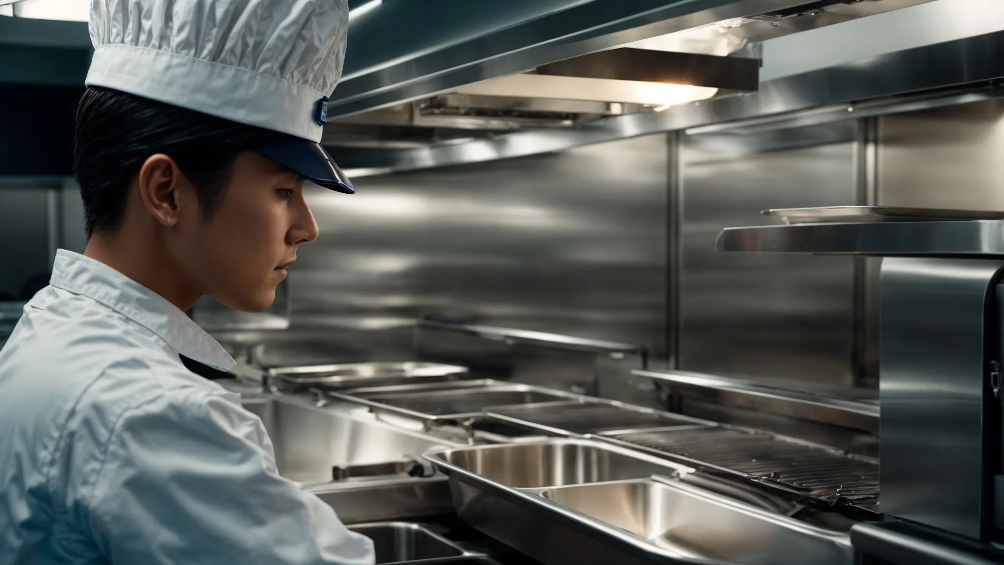 a professional in uniform inspects a commercial kitchen hood with a flashlight, ensuring cleanliness and safety compliance.