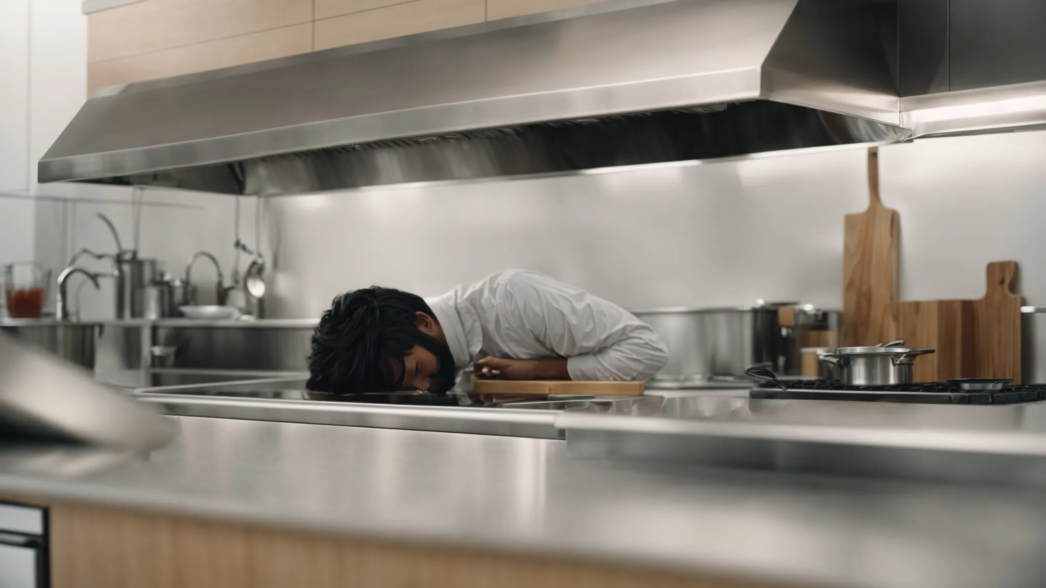 a person wipes down a stainless-steel kitchen hood, embodying a routine of cleanliness.