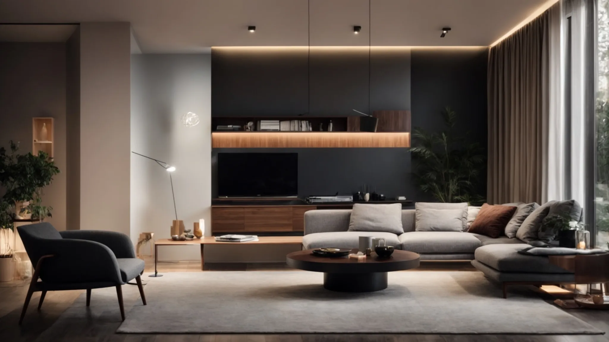 a sleek, modern living room illuminated with soft, smart lighting and minimalist furniture showcasing the seamless integration of technology.