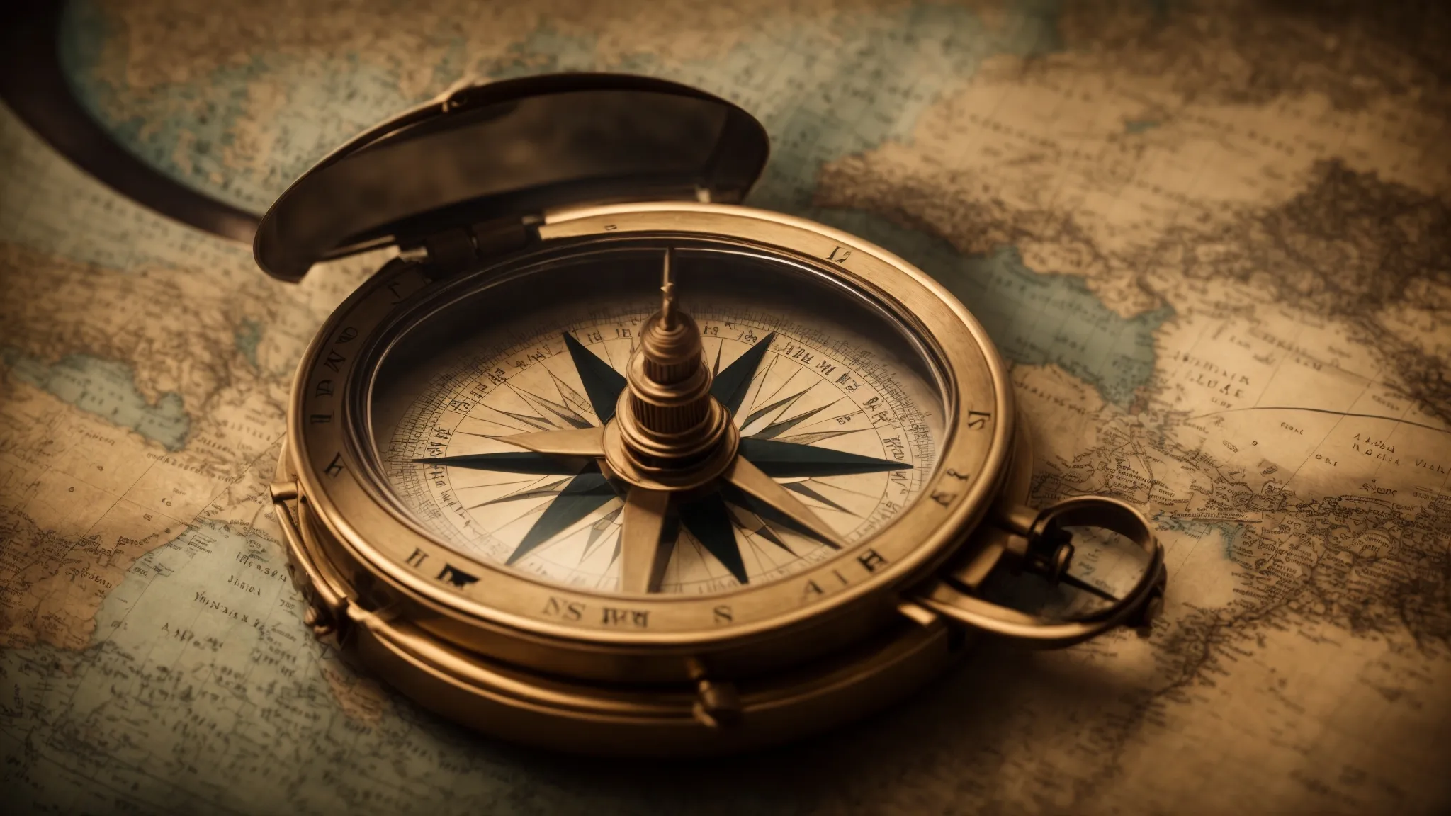 a vintage compass resting on a detailed ancient map, tracing a course across stormy seas.