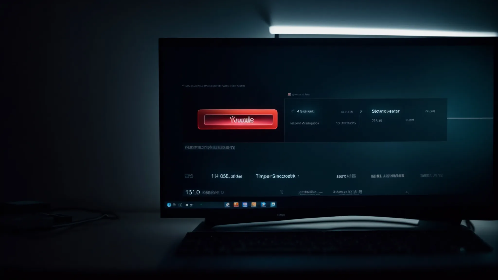 a close-up of a glowing computer screen showing a youtube search bar under a spotlight in a dark room.