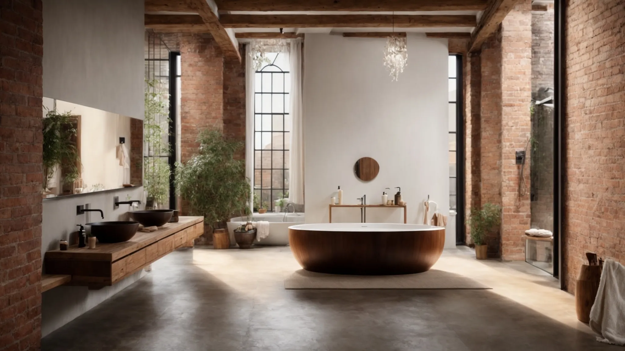 a spacious bathroom combines sleek, modern fixtures with rustic, exposed brick walls, embodying a harmonious blend of new and old.