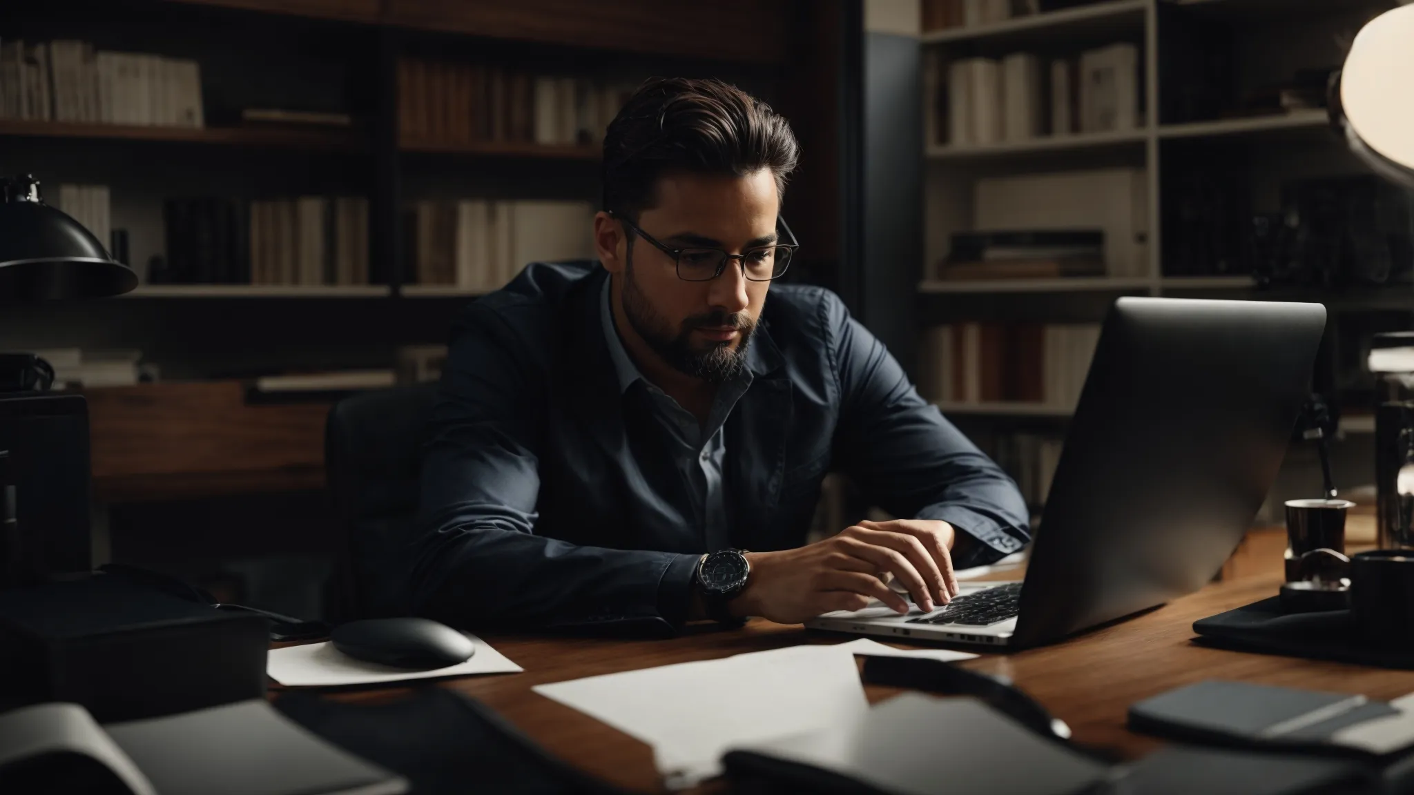 a professional sitting at a desk, surrounded by digital devices and a notebook, focused on a computer screen.