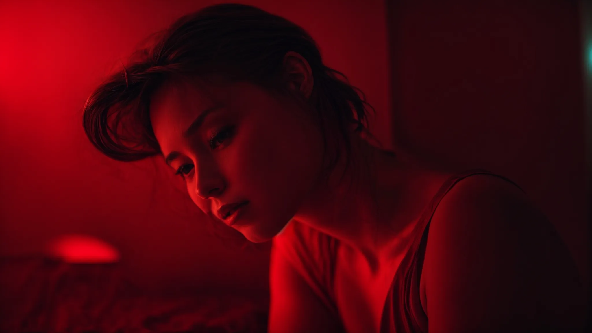 a person relaxes under a glowing red light, their face bathed in its therapeutic radiance.