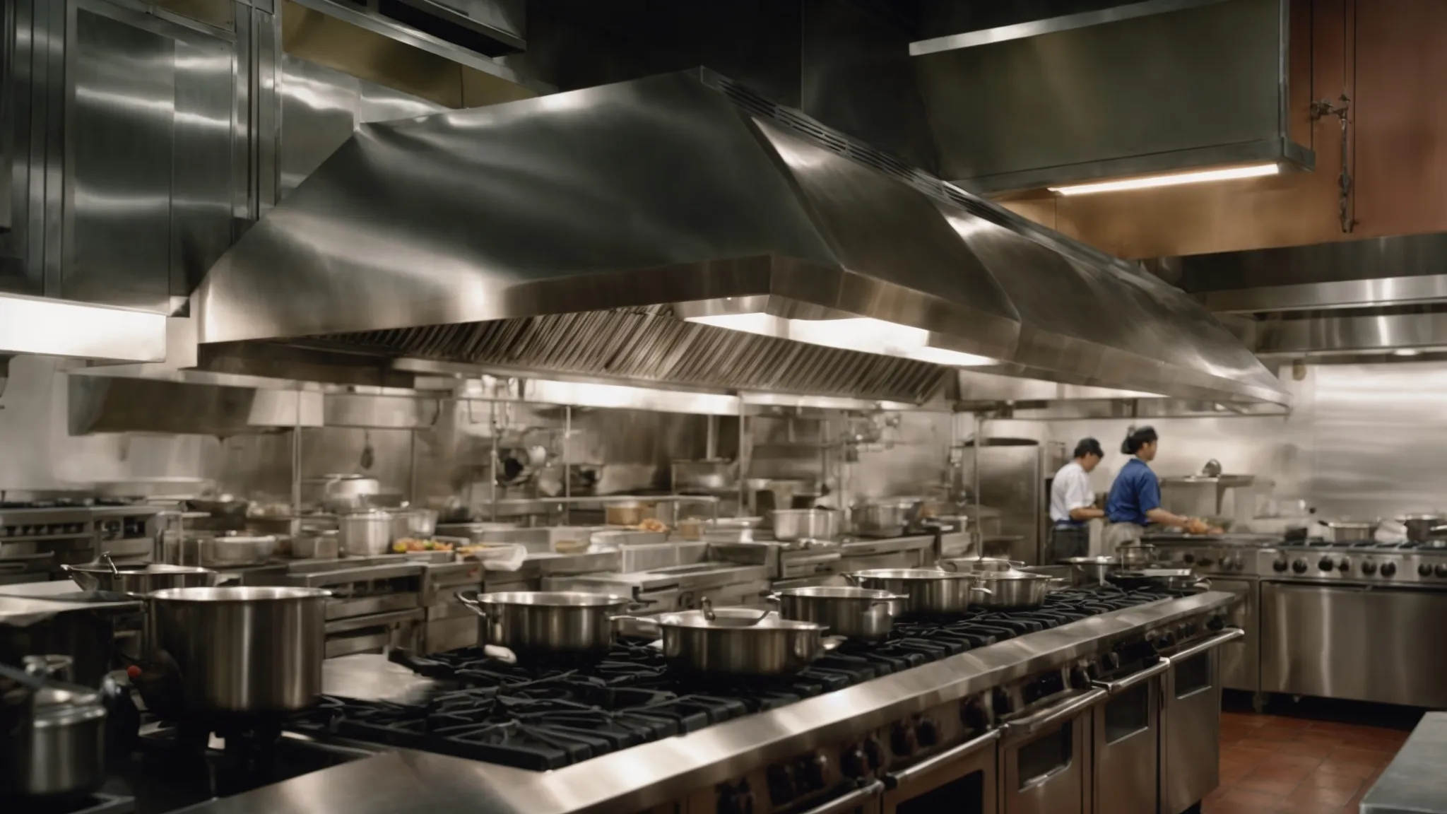 a bustling kitchen with visible grease on the exhaust hood above a busy stove.