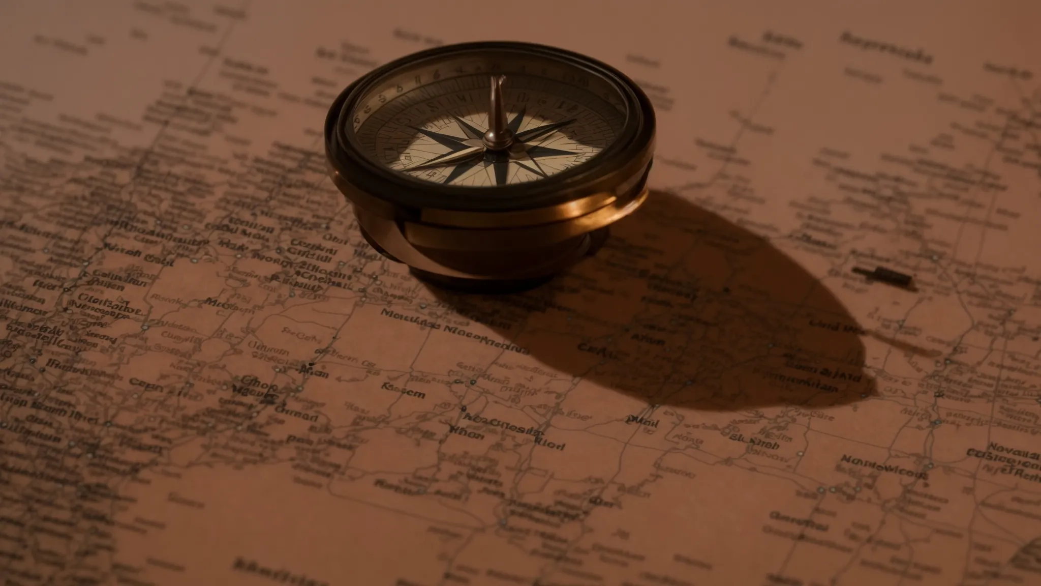 a vintage compass atop a map, illuminated by the soft glow of sunrise.