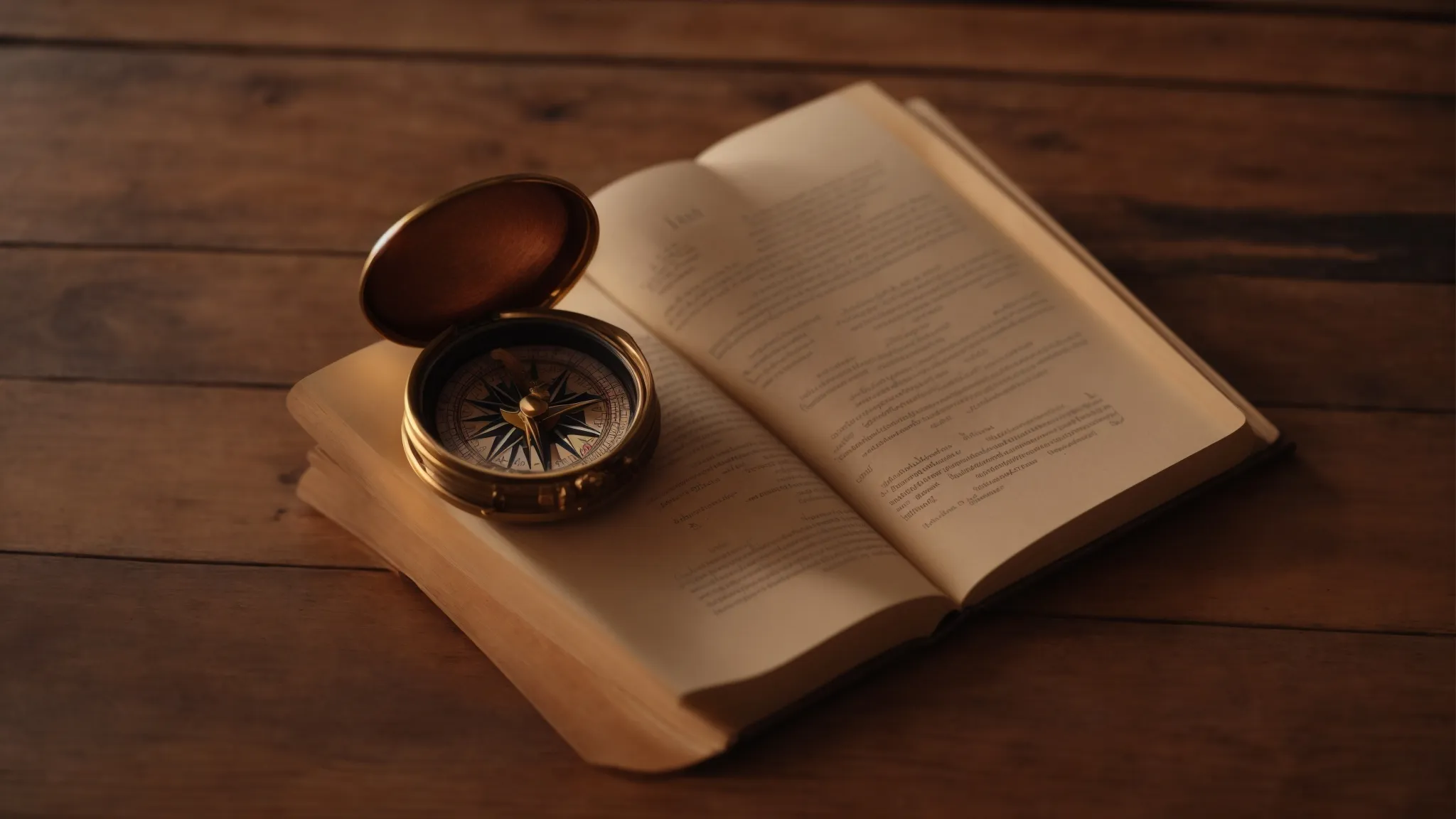 a compass and an open book lie on an antique wooden table, bathed in soft, warm light.