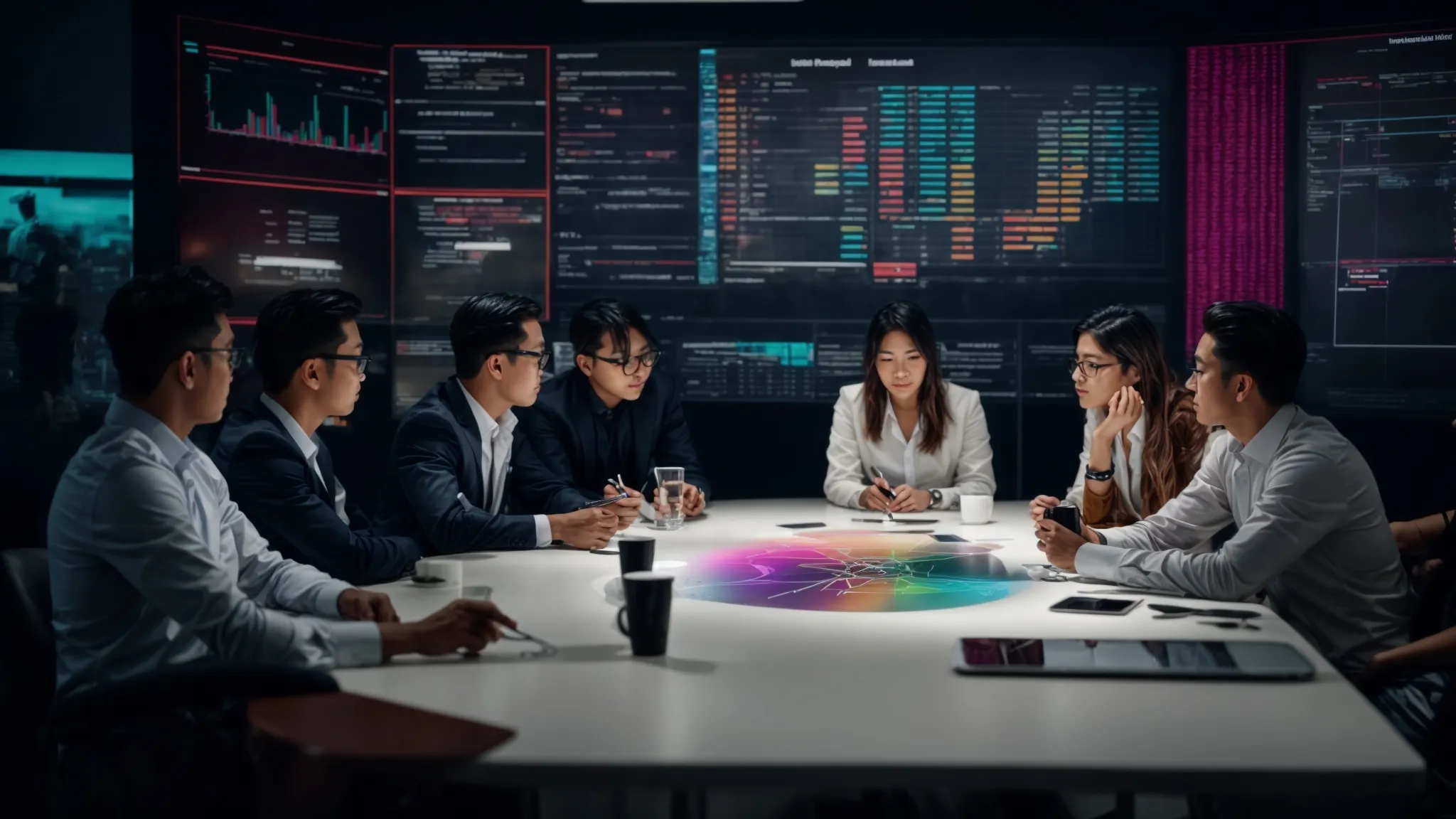 a group of professionals gathered around a table, intently analyzing a vibrant social media analytics dashboard projected on the wall.