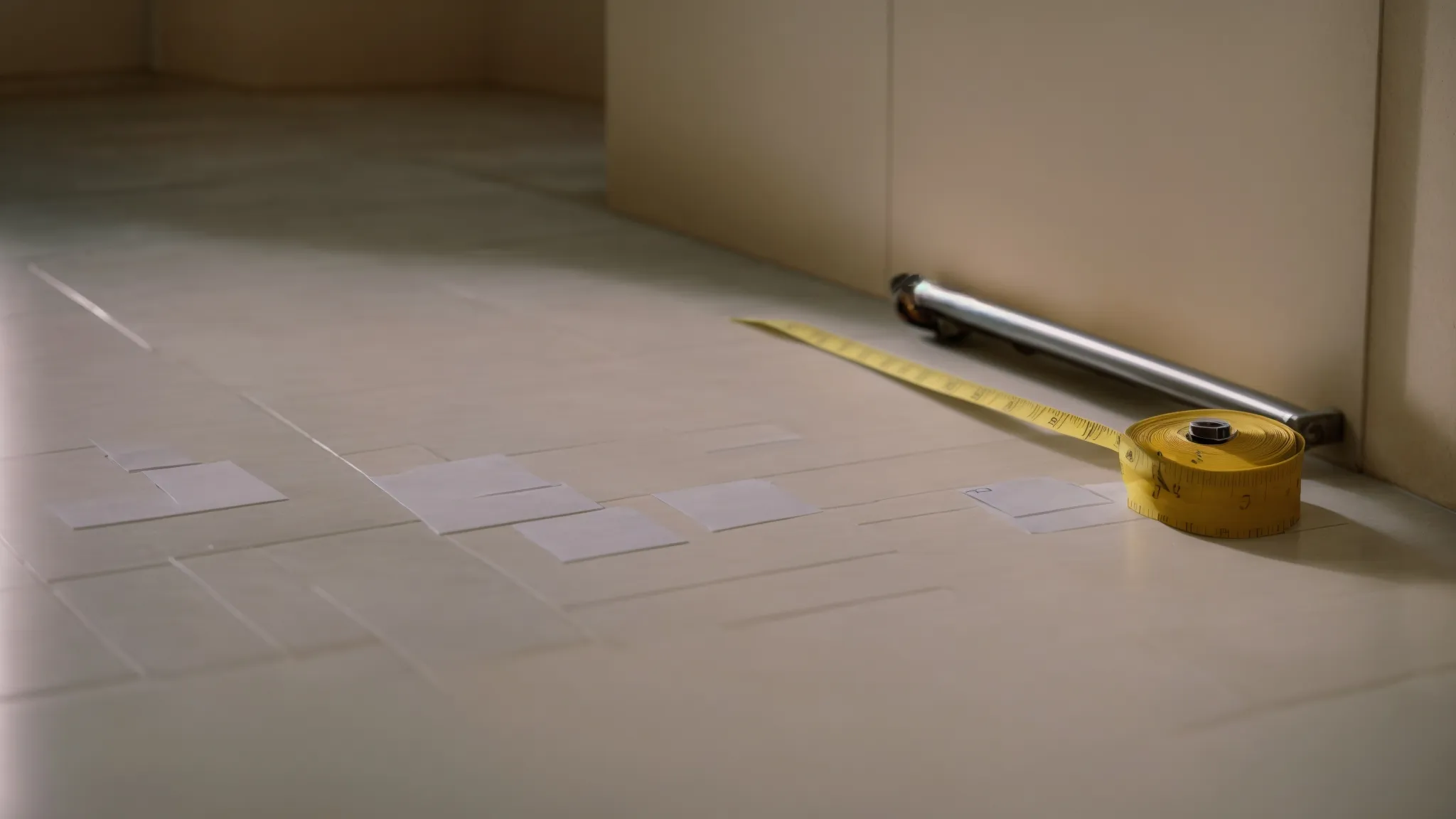 a tape measure stretches across the empty floor of a sunlit bathroom, with a notepad and pencil nearby on a bare counter.