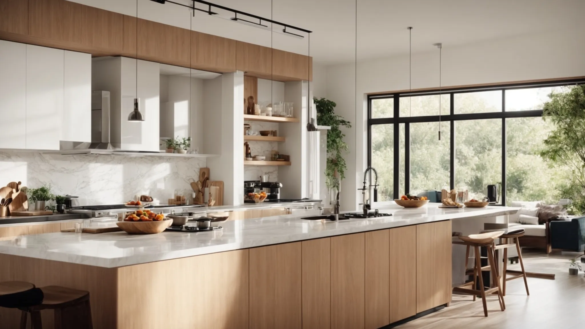 a spacious, modern kitchen with sleek countertops and state-of-the-art appliances, brightly illuminated by natural light flooding in through large windows.