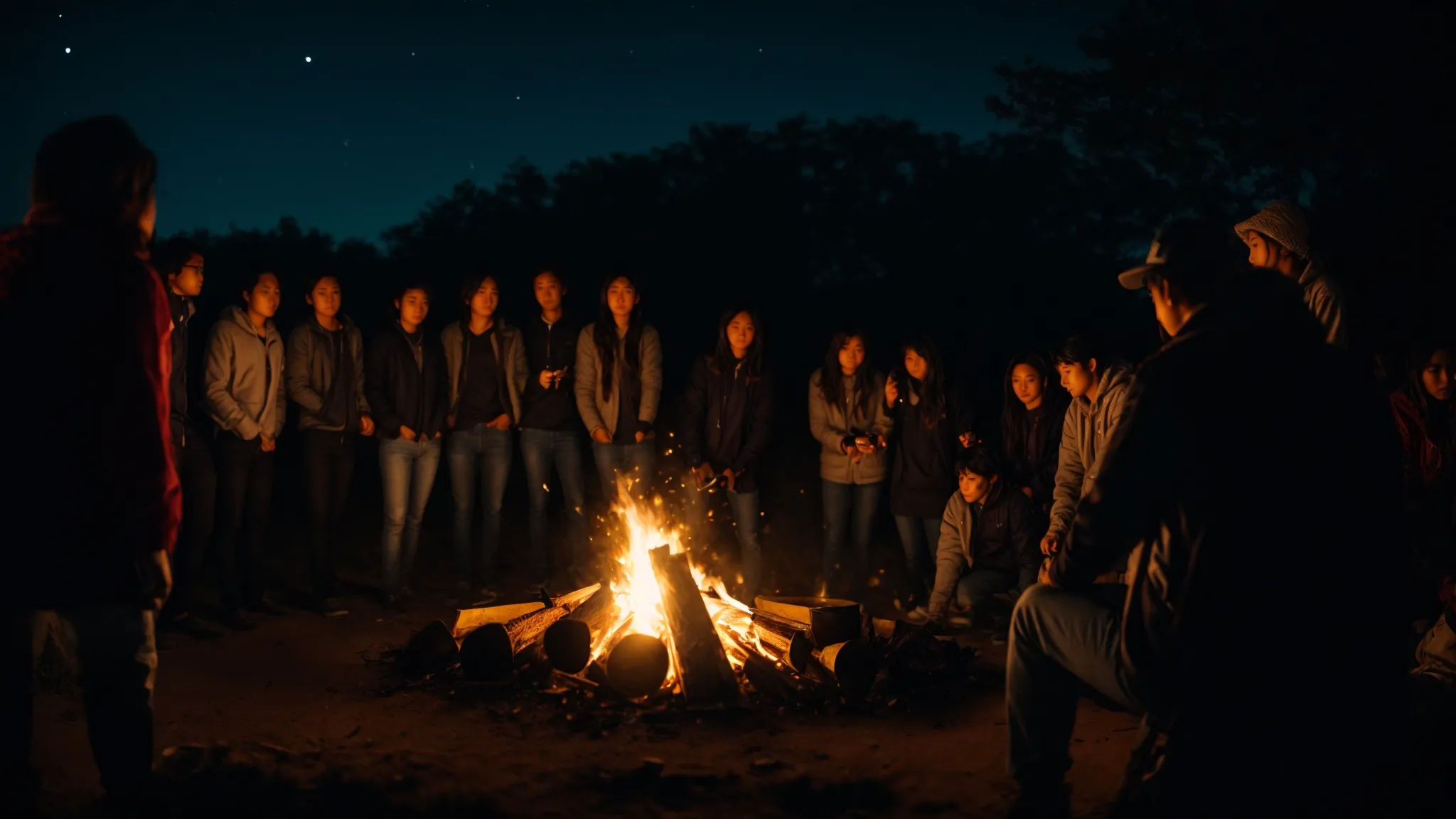 a group of people gathered around a brightly lit bonfire under the night sky, with the warm glow illuminating their faces.