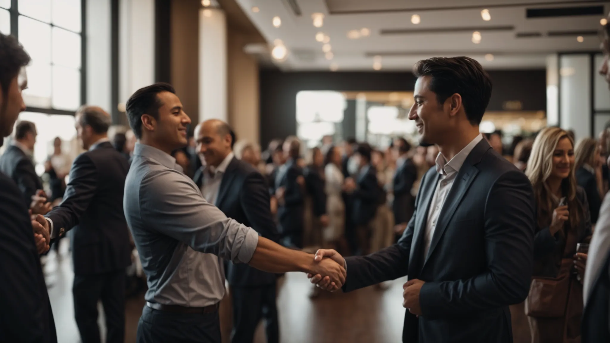 two professionals shaking hands at a networking event with a bustling crowd of attendees in the background.