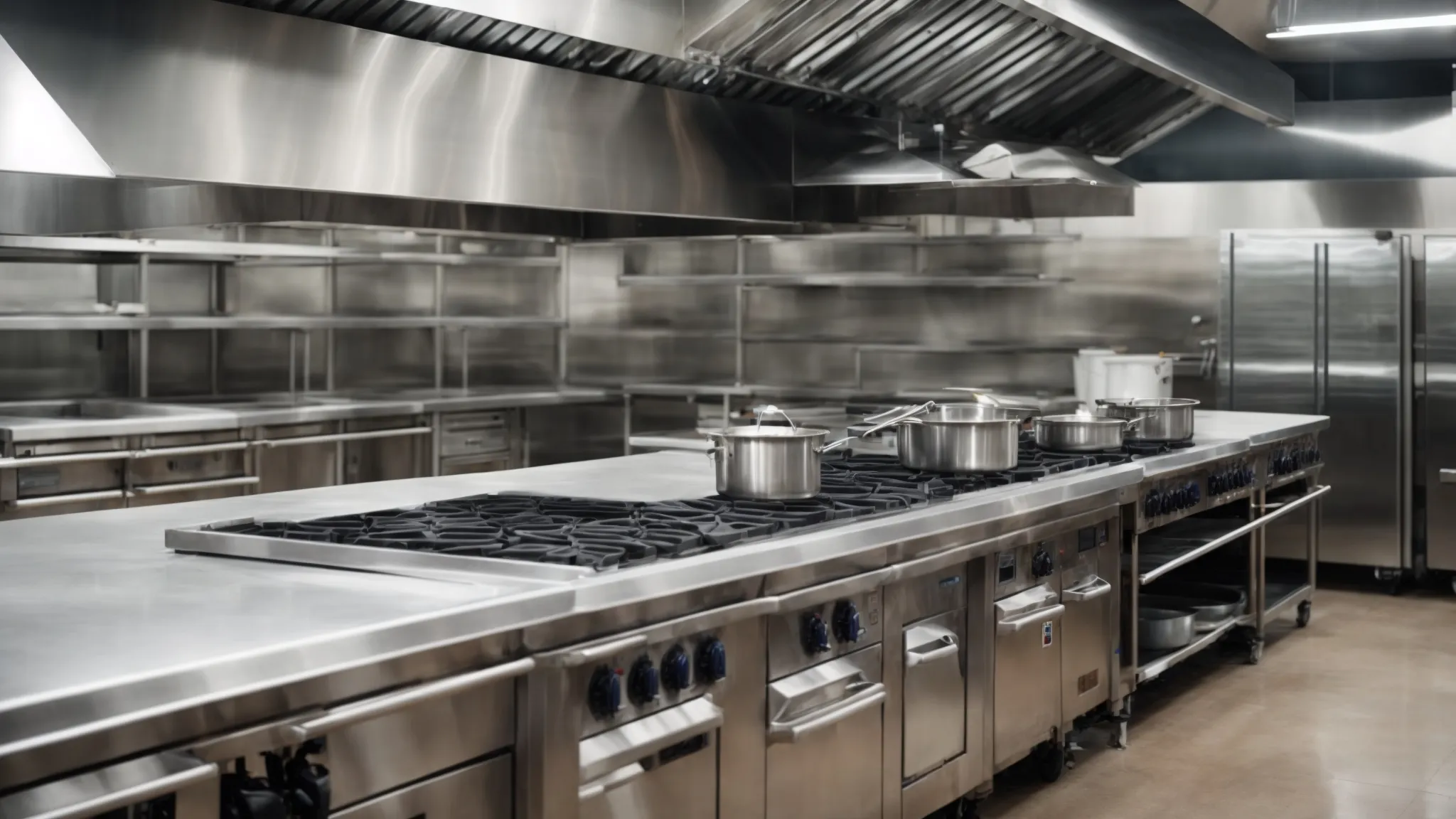 a sparkling clean commercial kitchen with gleaming surfaces and well-maintained equipment, emphasizing a high standard of cleanliness.