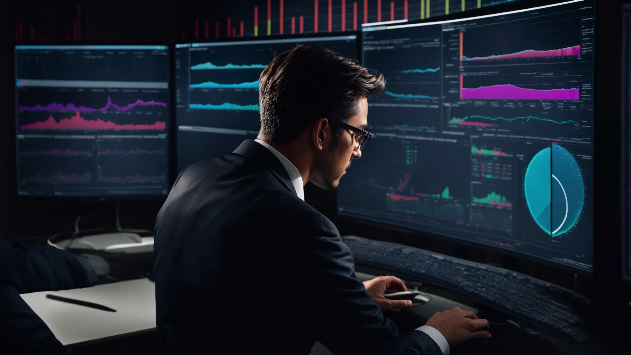 a business professional intently studies a vibrant dashboard on a large monitor, illustrating various analytics and metrics.