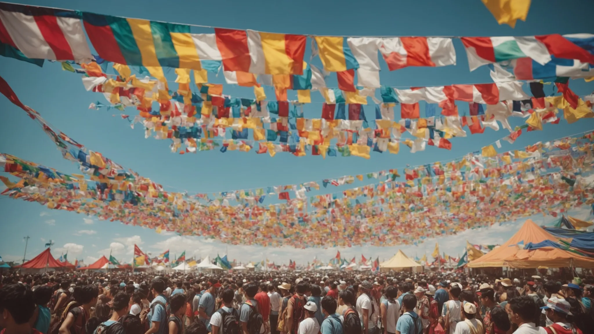 colorful flags flutter above a sea of festival-goers, clad in an eclectic mix of futuristic and vintage styles, basking under a clear blue sky.
