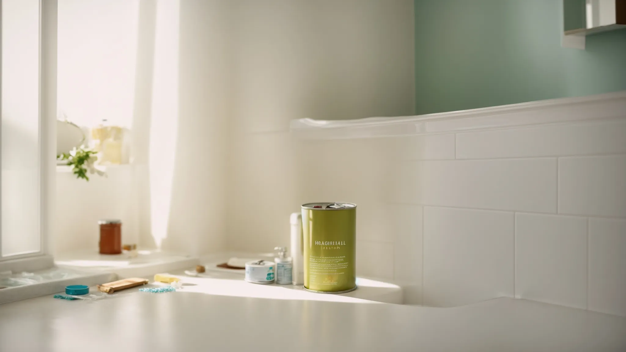a bright, freshly painted commercial bathroom renovations with an open can of paint and a roller tray on the floor, illuminated by natural light.