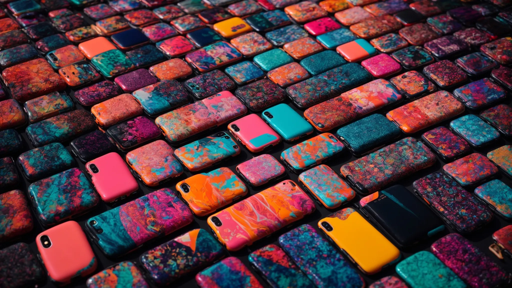 a vibrant collection of phone cases displayed in an array, showcasing a mix of contemporary art, abstract patterns, and pops of neon colors.