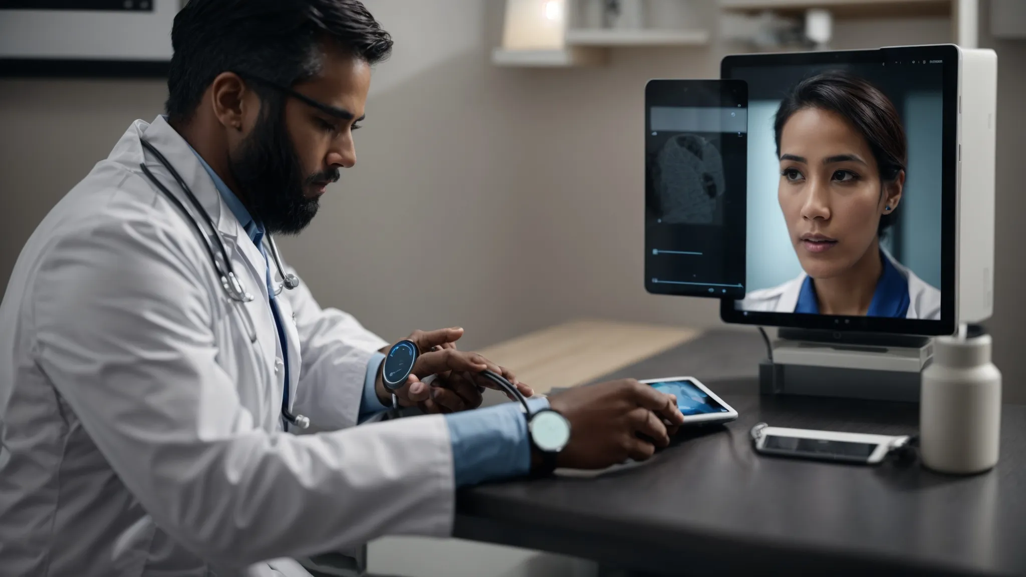 a doctor is consulting a patient over a video call on a tablet, with a wearable health monitor device visible on the patient's wrist.