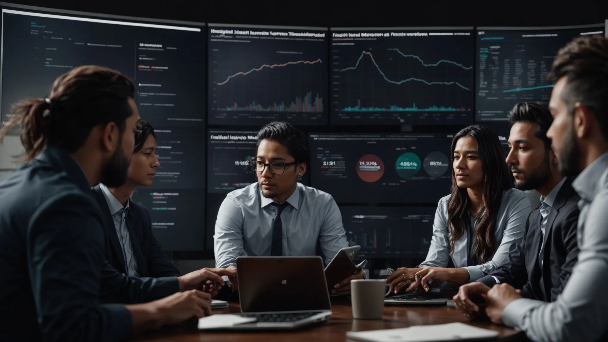 a marketing team gathers around a large digital screen showing a dashboard of website analytics and performance metrics.