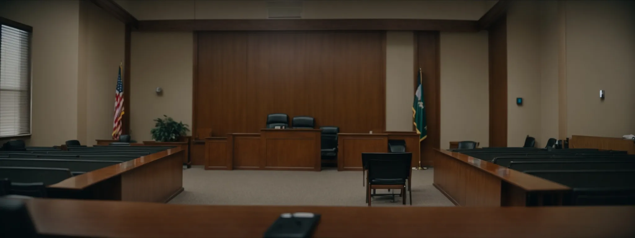 a quiet courtroom in waco, texas, with an unassuming attorney consulting with a client by an empty judge's bench.