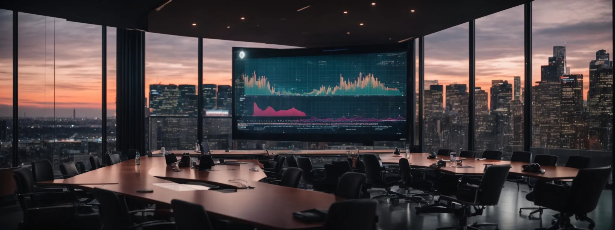 a sleek modern conference room with a large, bright screen displaying colorful graphs and charts next to a city skyline at dusk.
